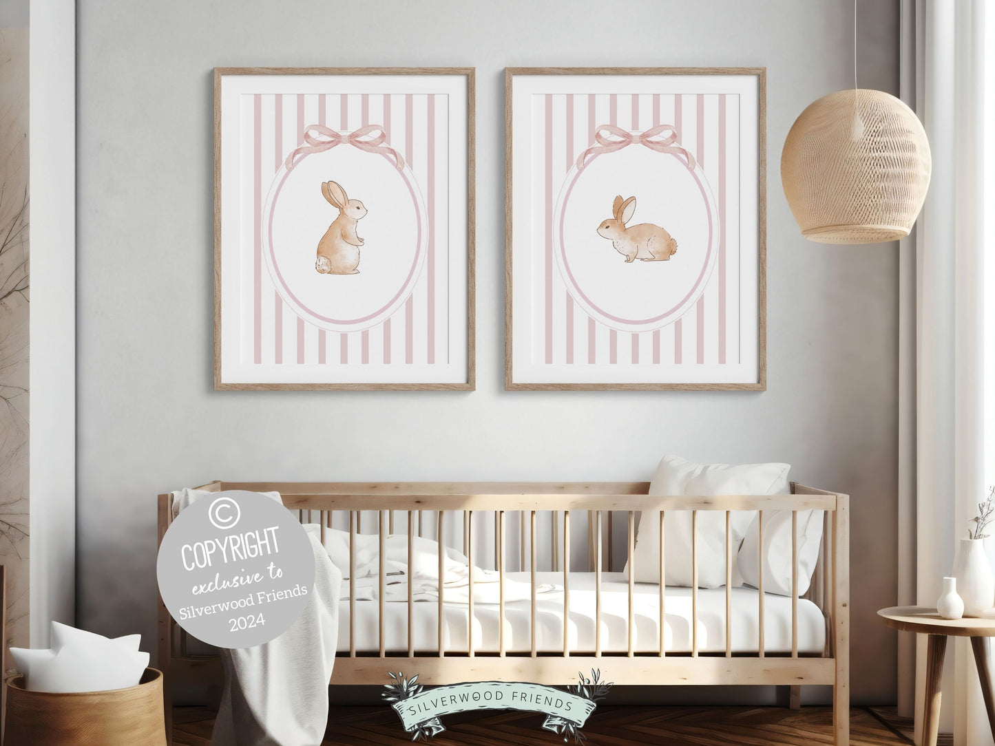 Baby Girl Bunny Nursery Prints, Bunny Rabbit Nursery Wall Art, Baby Girl Woodland Nursery Decor, Girls Pink Bedroom Wall Decor Digital Print