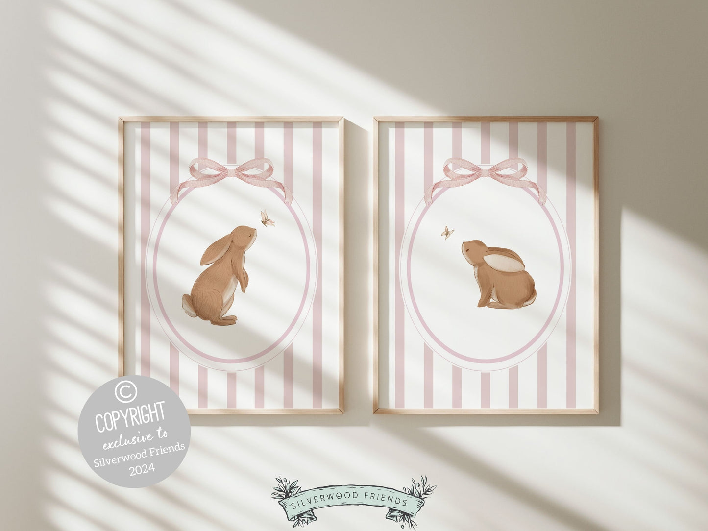Baby Girl Bunny Nursery Prints, Bunny Rabbit Nursery Wall Art, Baby Girl Woodland Nursery Decor, Girls Pink Bedroom Wall Decor Digital Print