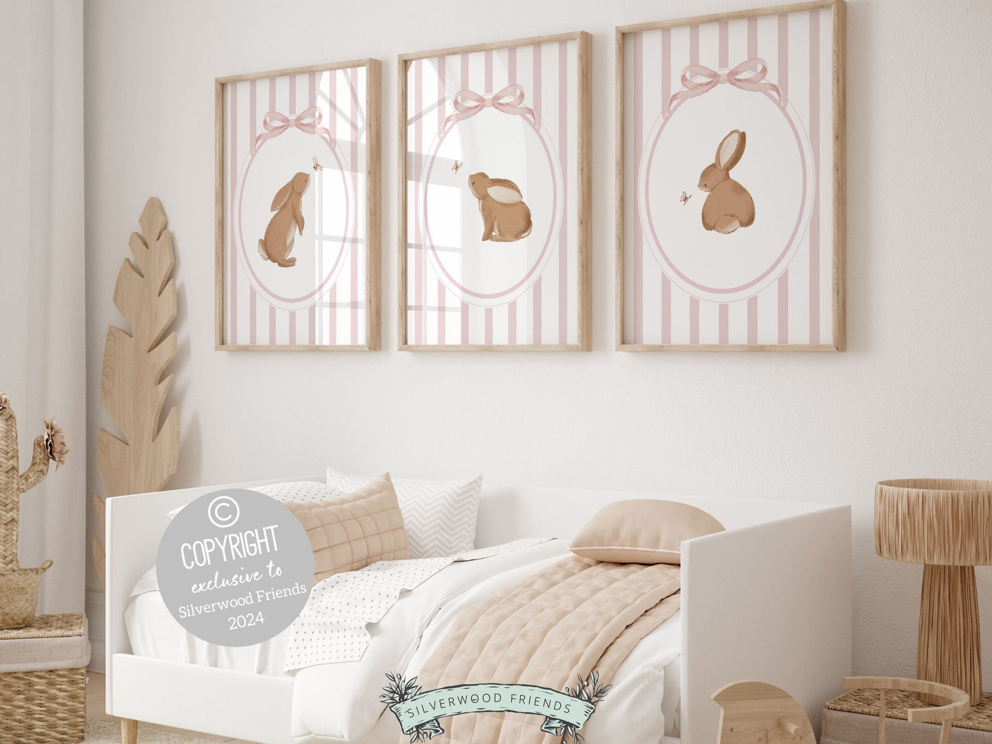 Our gorgeous baby girl Bunny Nursery Print Set of 3, showcasing adorable bunny rabbits and butterflies with pink stripes and bows, is perfect for your baby girls woodland nursery decor and makes a unique baby girl baby shower gift.