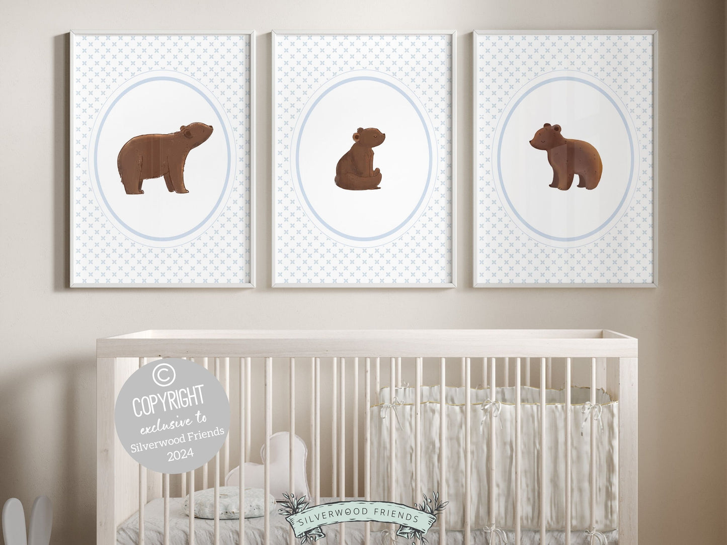 Our delightful minimalist Set of 3 Bear Nursery Prints features adorable brown woodland bears with pale blue wallpaper pattern. Its perfect for your bear nursery decor or woodland nursery and makes a unique baby shower gift.