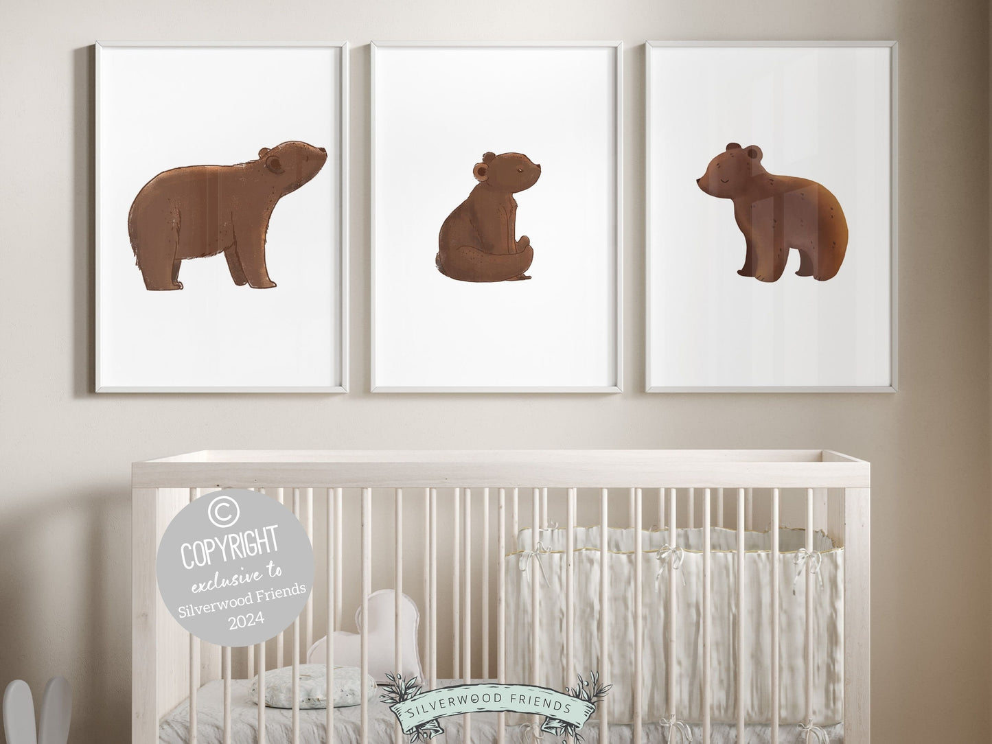 Our delightful minimalist Set of 3 Bear Nursery Prints features adorable brown woodland bears and is perfect for your bear nursery decor or woodland nursery and makes a unique baby shower gift.
