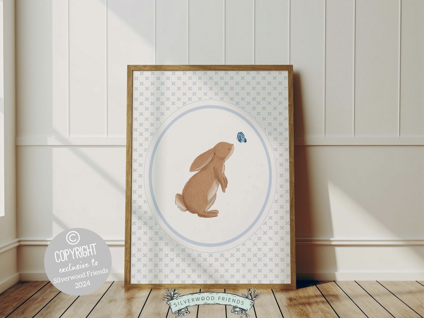 Bunny Nursery Prints, Bunny Rabbit Nursery Wall Art, Baby Woodland Animal Nursery Decor, Kids Room Wall Decor Blue Bedroom Digital Prints