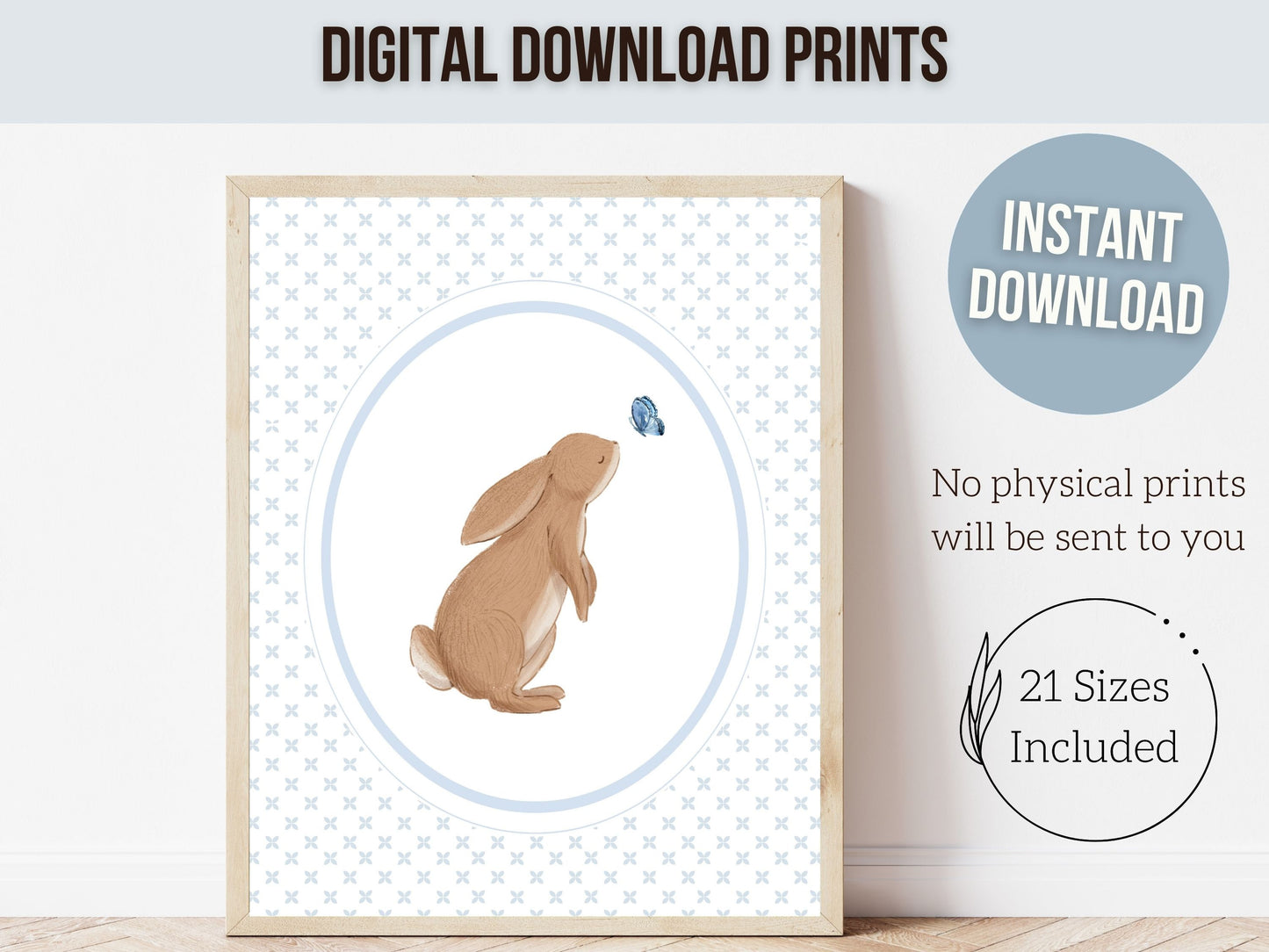 Bunny Nursery Prints, Bunny Rabbit Nursery Wall Art, Baby Woodland Animal Nursery Decor, Kids Room Wall Decor Blue Bedroom Digital Prints