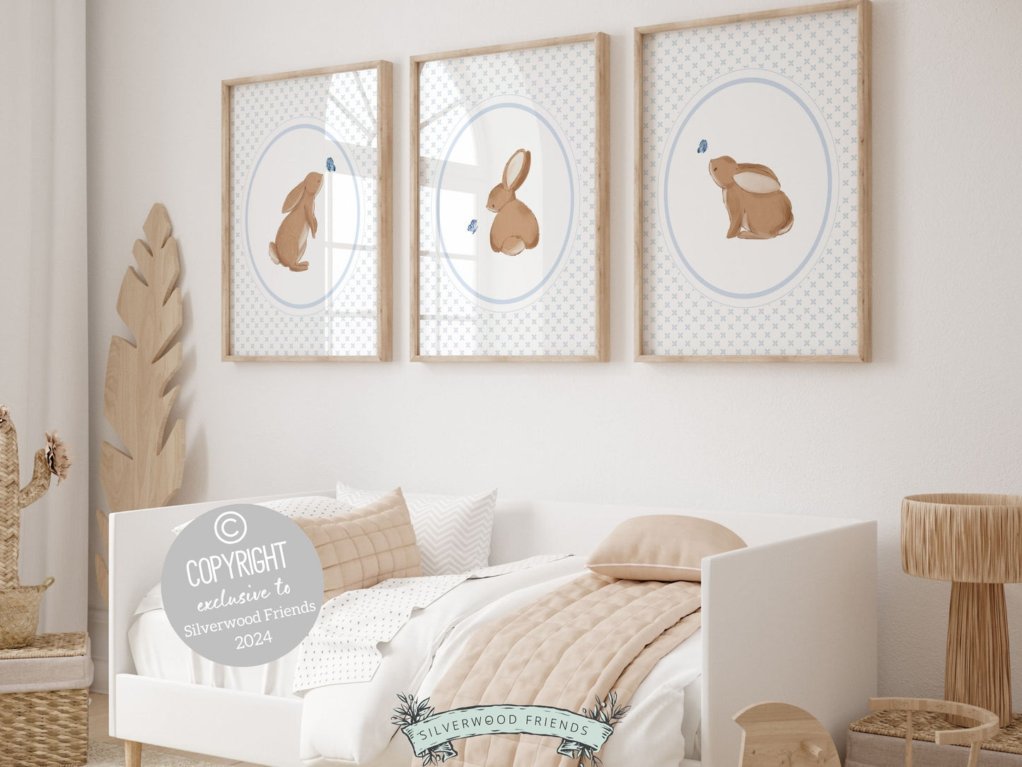 Bunny Nursery Prints, Bunny Rabbit Nursery Wall Art, Baby Woodland Animal Nursery Decor, Kids Room Wall Decor Blue Bedroom Digital Prints