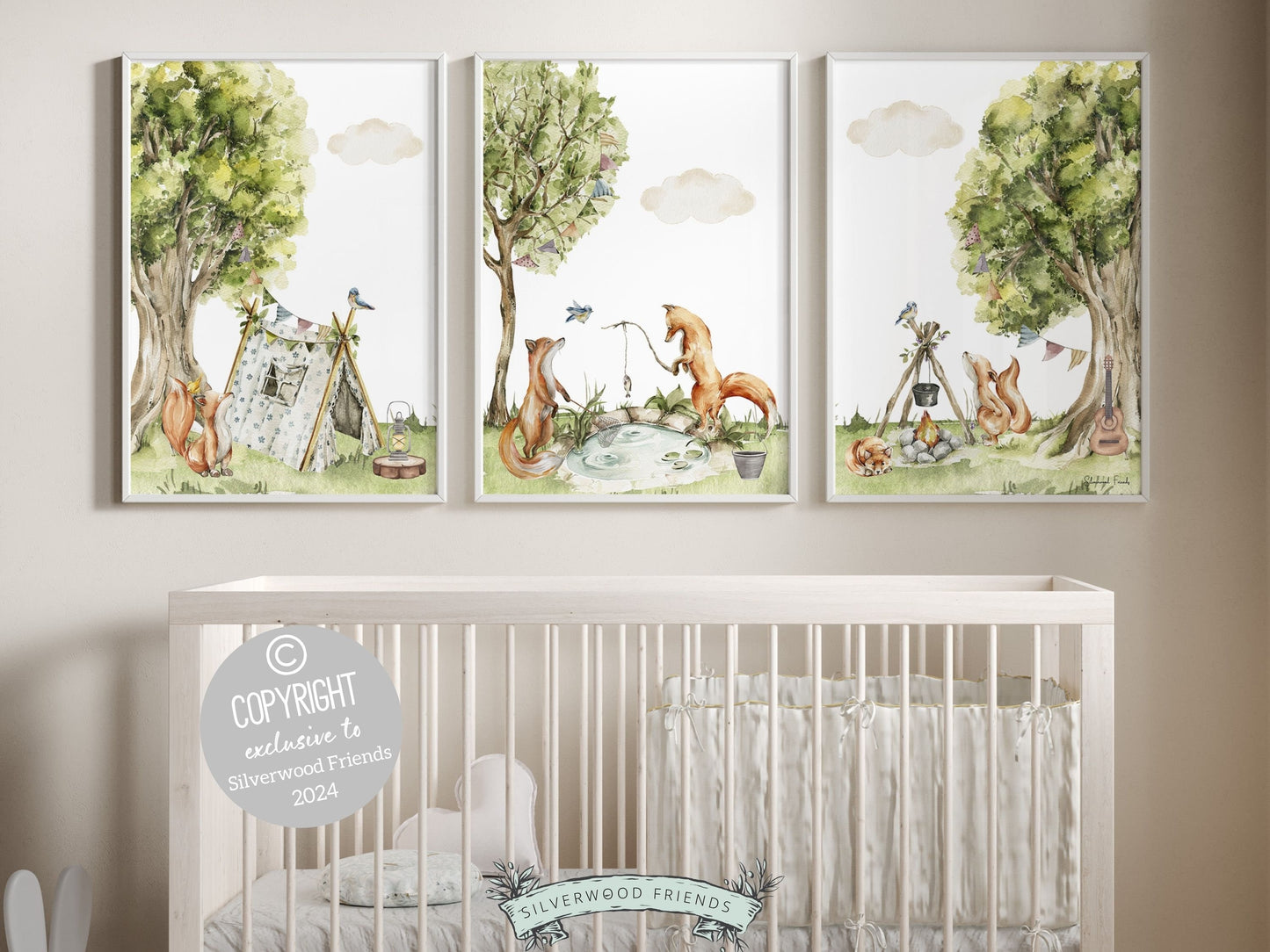 Our adorable watercolor Camping Nursery Prints with woodland foxes camping and fishing is the perfect addition to your babys woodland nursery or forest theme bedroom and also makes a lovely woodland fox baby shower gift.