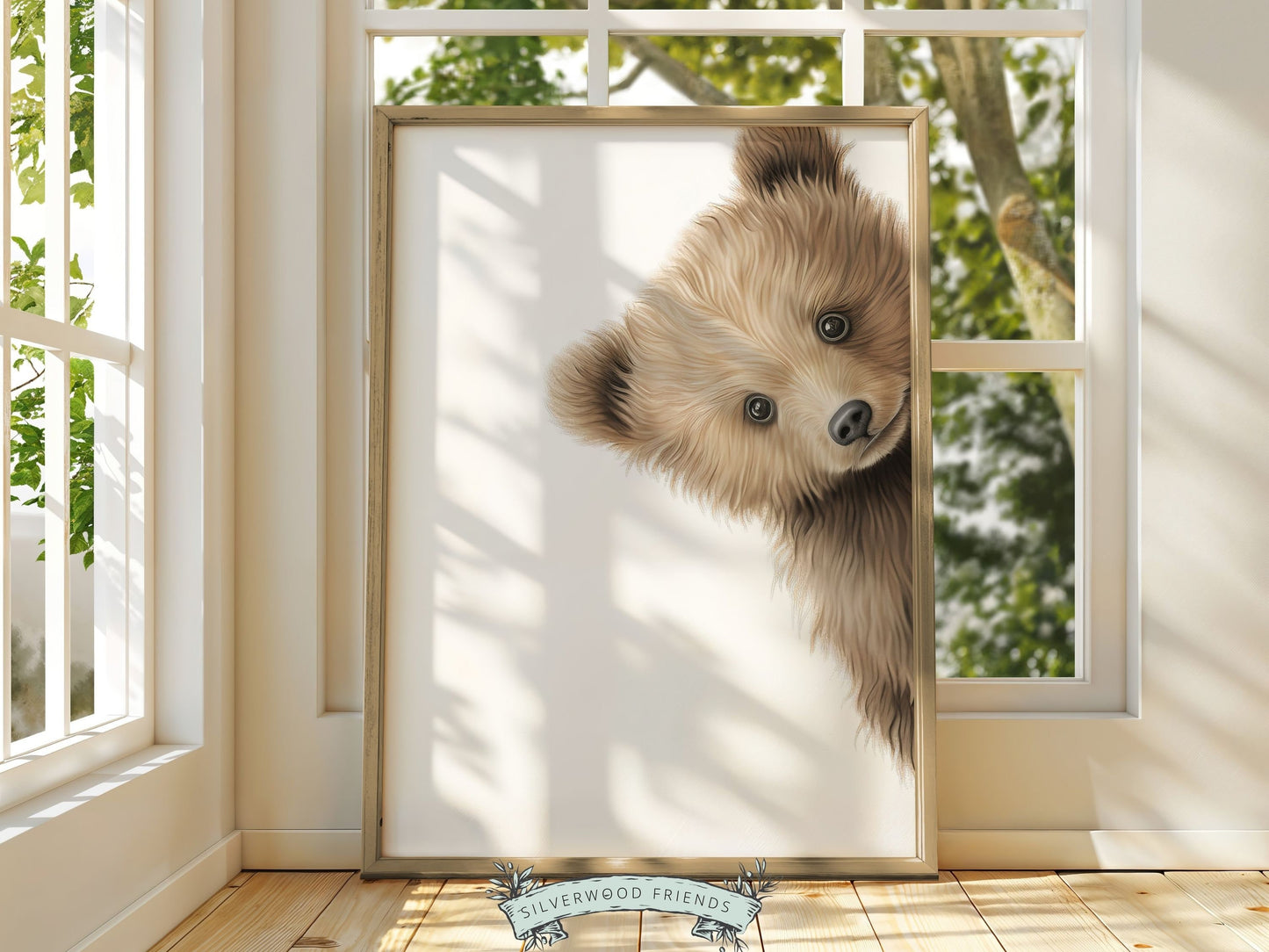 Peeking Bear Nursery Print, Brown Teddy Bear Nursery Decor, Neutral Nursery Decor, Baby Bear Nursery Wall Art Woodland Nursery Digital Print