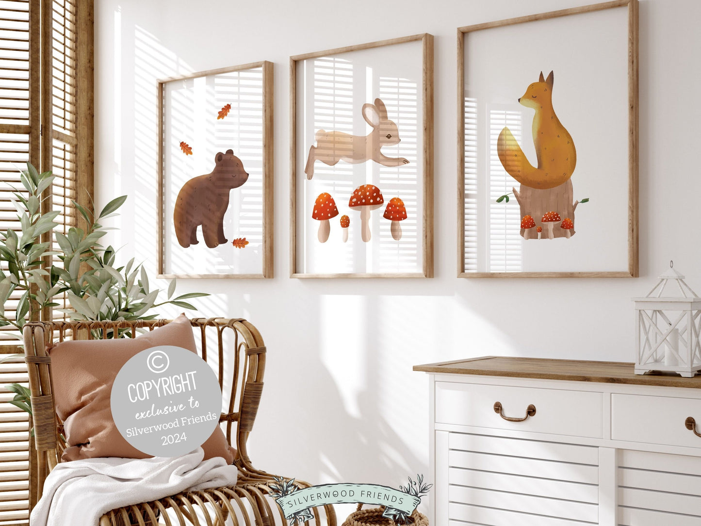 Set of 3 Woodland Nursery Prints, featuring adorable woodland animals amidst delightful mushrooms and fall leaves — perfect for creating a whimsical atmosphere in your woodland nursery decor or as a heartwarming gender neutral baby shower gift.