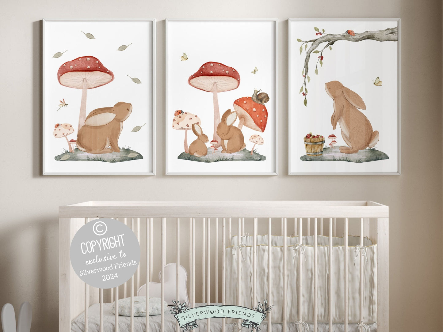 Set of 3 Woodland Bunny Nursery Prints, featuring adorable woodland bunnies amidst delightful mushrooms — perfect for creating a whimsical atmosphere in your woodland nursery decor or as a heartwarming gender neutral baby shower gift.