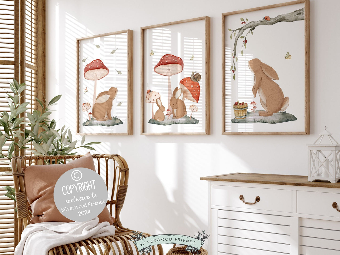 Woodland Bunny Mushroom Nursery Print, Woodland Bunny Mushroom Nursery Decor, Boho Kids Room Wall Decor Nature Nursery Theme Digital Prints