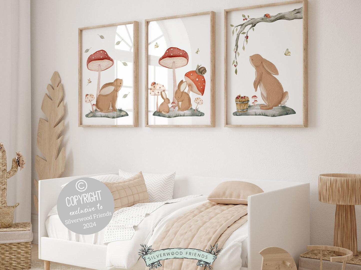 Woodland Bunny Mushroom Nursery Print, Woodland Bunny Mushroom Nursery Decor, Boho Kids Room Wall Decor Nature Nursery Theme Digital Prints