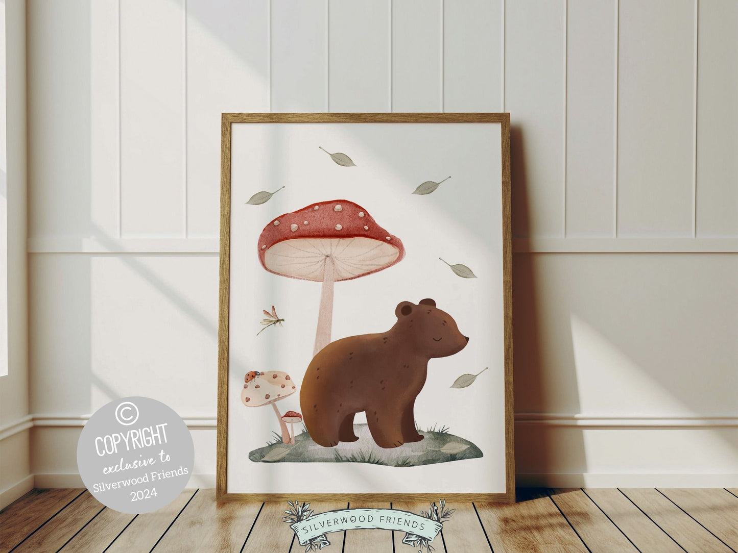 Woodland Bear Nursery Print, Brown Woodland Teddy Bear Nursery Decor, Woodland Mushroom Nursery Wall Art, Nature Nursery Theme Digital Print