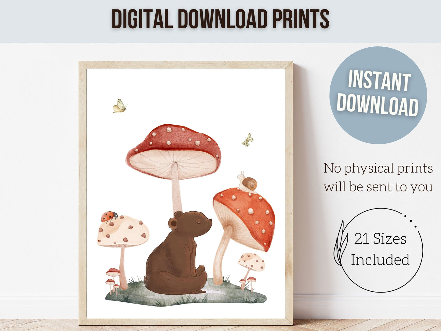 Woodland Bear Nursery Print, Brown Woodland Teddy Bear Nursery Decor, Woodland Mushroom Nursery Wall Art, Nature Nursery Theme Digital Print