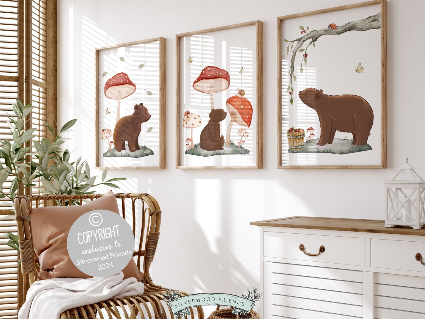 Woodland Bear Nursery Print, Brown Woodland Teddy Bear Nursery Decor, Woodland Mushroom Nursery Wall Art, Nature Nursery Theme Digital Print