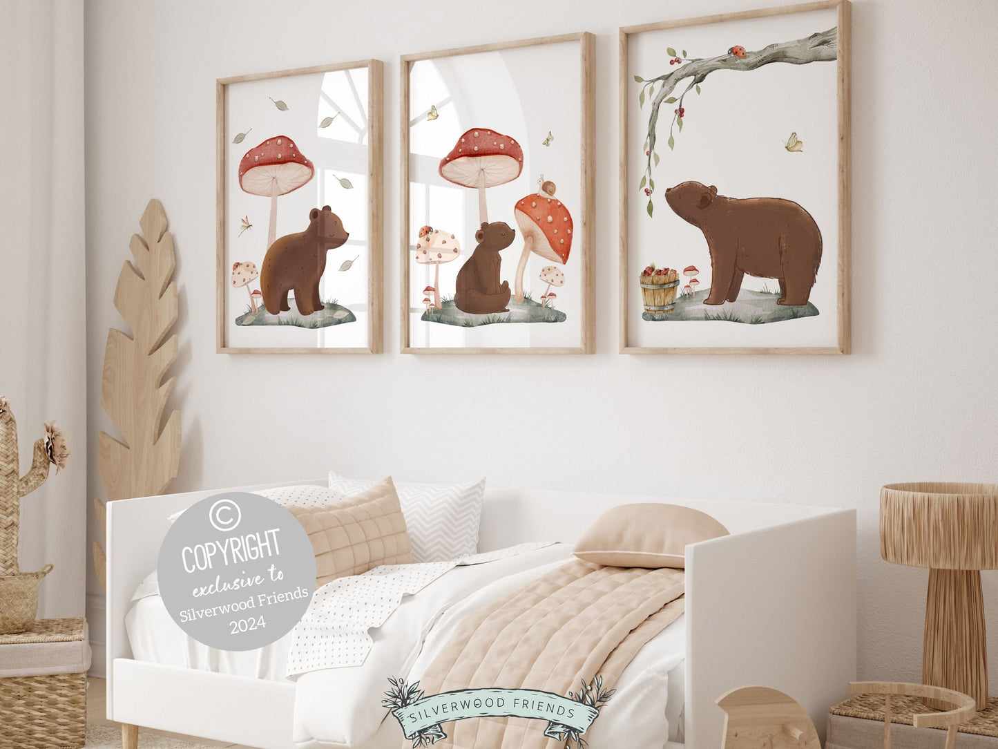 Woodland Bear Nursery Print, Brown Woodland Teddy Bear Nursery Decor, Woodland Mushroom Nursery Wall Art, Nature Nursery Theme Digital Print