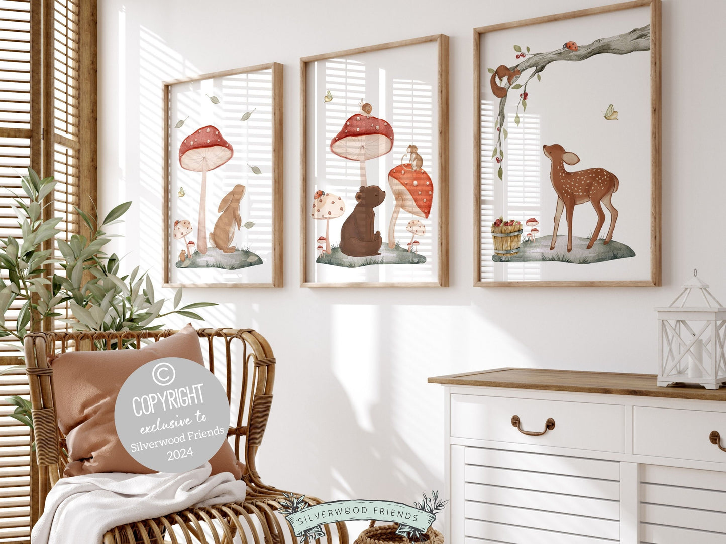 Woodland Mushroom Nursery Print, Woodland Mushroom Nursery Decor, Enchanted Forest Nature Nursery Bear Bunny Deer Fawn Nursery Digital Print