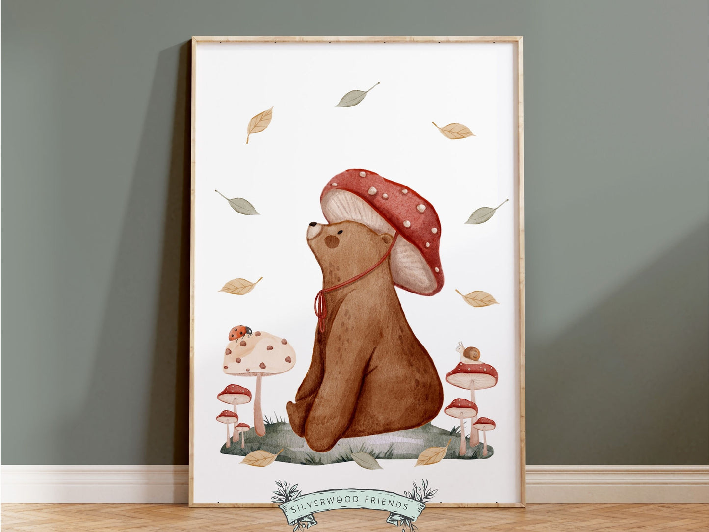 Woodland Mushroom Nursery Print, Woodland Mushroom Nursery Decor, Whimsical Woodland Bear Nursery Decor Print, Nature Nursery Digital Print