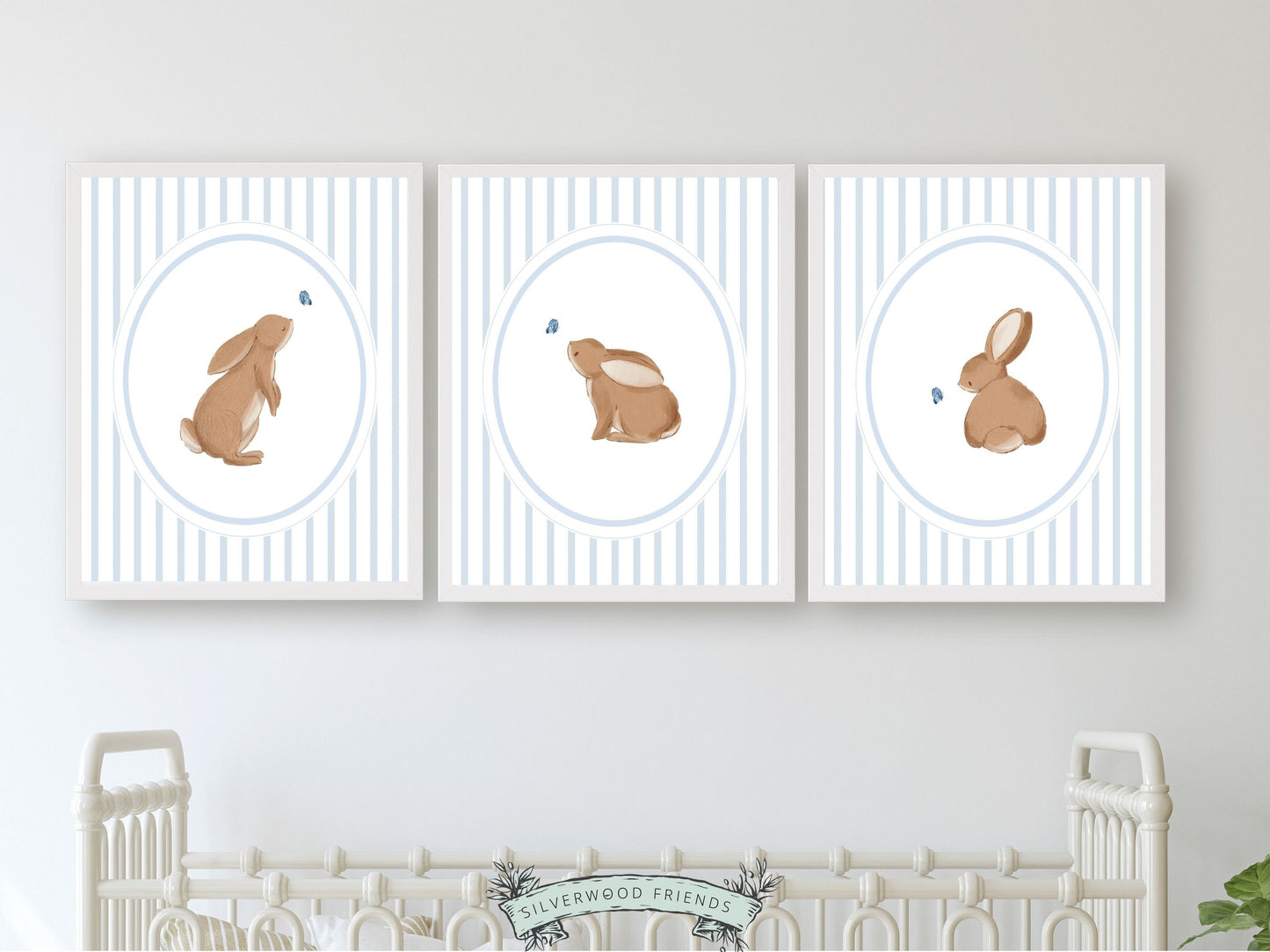 Bunny Nursery Prints, Woodland Bunny Nursery Decor, Chinoiserie Nursery Wall Art, Bunny Rabbit Kids Blue White Room Wall Decor Digital Print