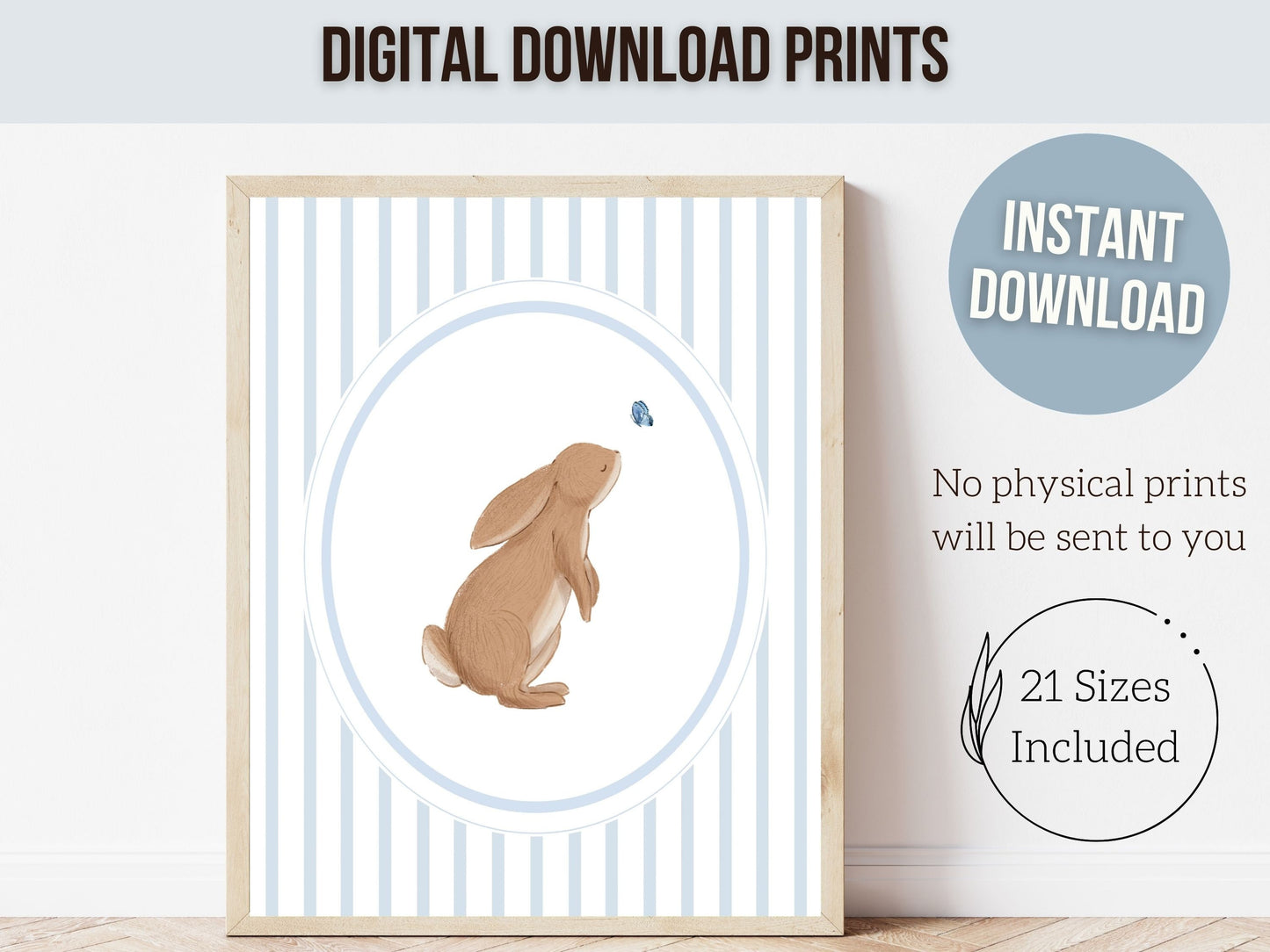 Bunny Nursery Prints, Woodland Bunny Nursery Decor, Chinoiserie Nursery Wall Art, Bunny Rabbit Kids Blue White Room Wall Decor Digital Print