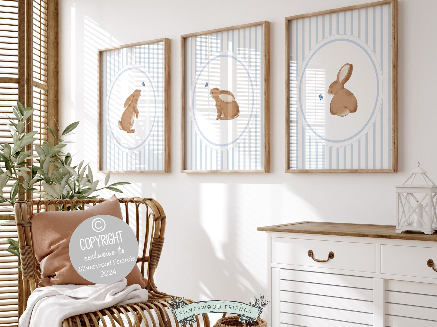 Bunny Nursery Prints, Woodland Bunny Nursery Decor, Chinoiserie Nursery Wall Art, Bunny Rabbit Kids Blue White Room Wall Decor Digital Print