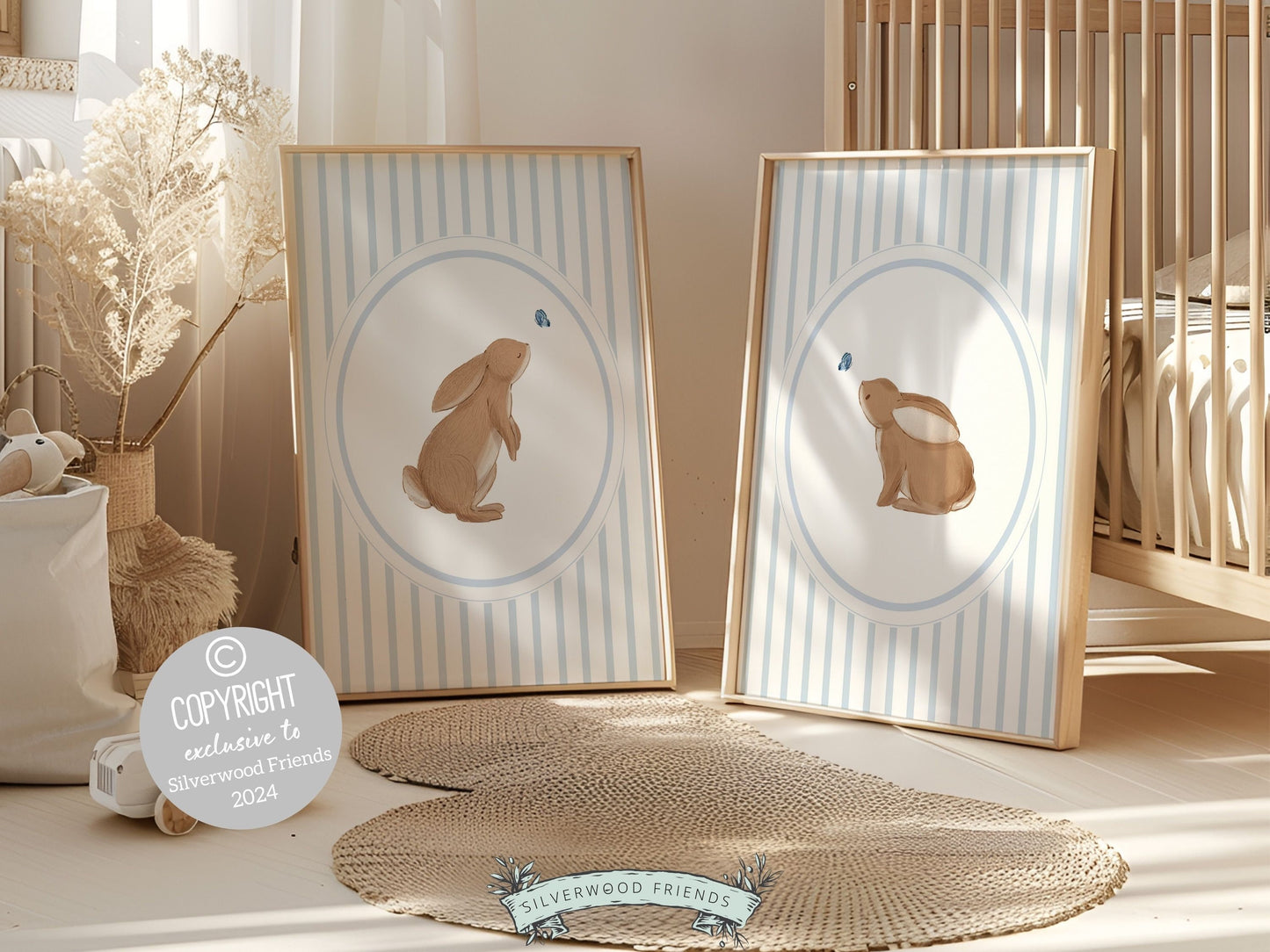 Bunny Nursery Prints, Woodland Bunny Nursery Decor, Chinoiserie Nursery Wall Art, Bunny Rabbit Kids Blue White Room Wall Decor Digital Print