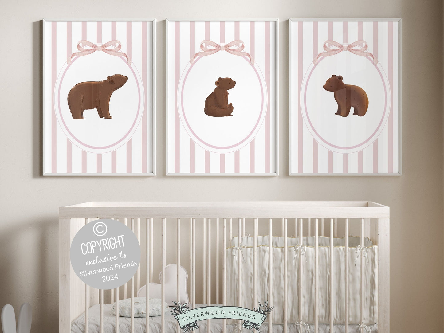 Our delightful minimalist Set of 3 Bear Nursery Prints features adorable brown woodland bears with chinoiserie pink and white stripes and is perfect for your bear nursery decor or woodland nursery and makes a unique baby girl baby shower gift.