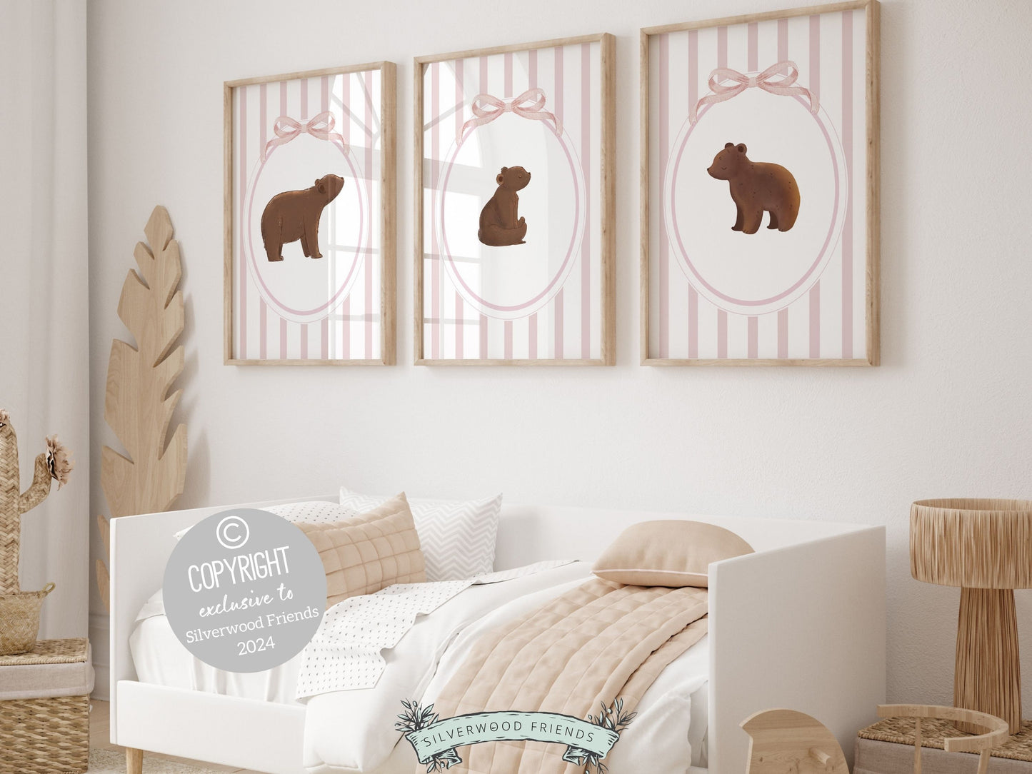 Bear Nursery Prints, Brown Bear Pink Nursery Decor, Teddy Bear Chinoiserie Nursery Wall Art, Woodland Bear Nursery Poster Digital Prints