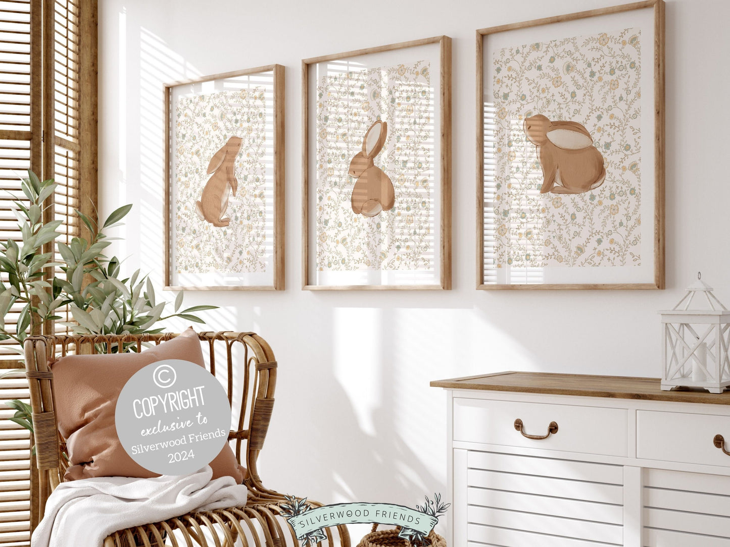 Bunny Nursery Print Set, Woodland Wildflower Bunny Nursery Decor, Floral Bunny Nursery Wall Art Printable Bunnies Wall Decor Digital Print