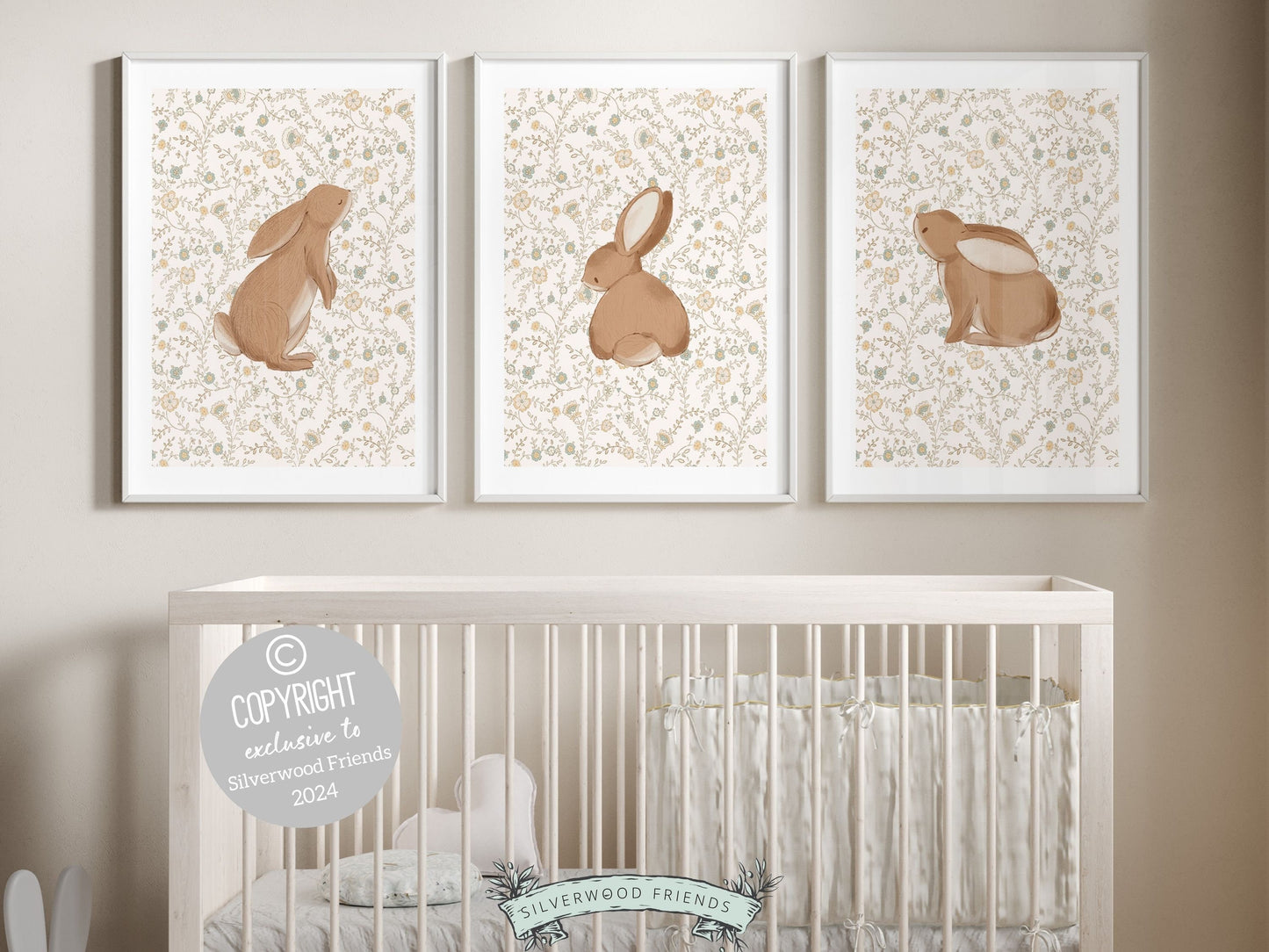 Our gorgeous Bunny Nursery Print Set of 3, showcasing adorable bunny rabbits on a neutral floral pattern is perfect for your woodland nursery or wildflower nursery decor and makes a unique gender neutral baby shower gift for both boys and girls.