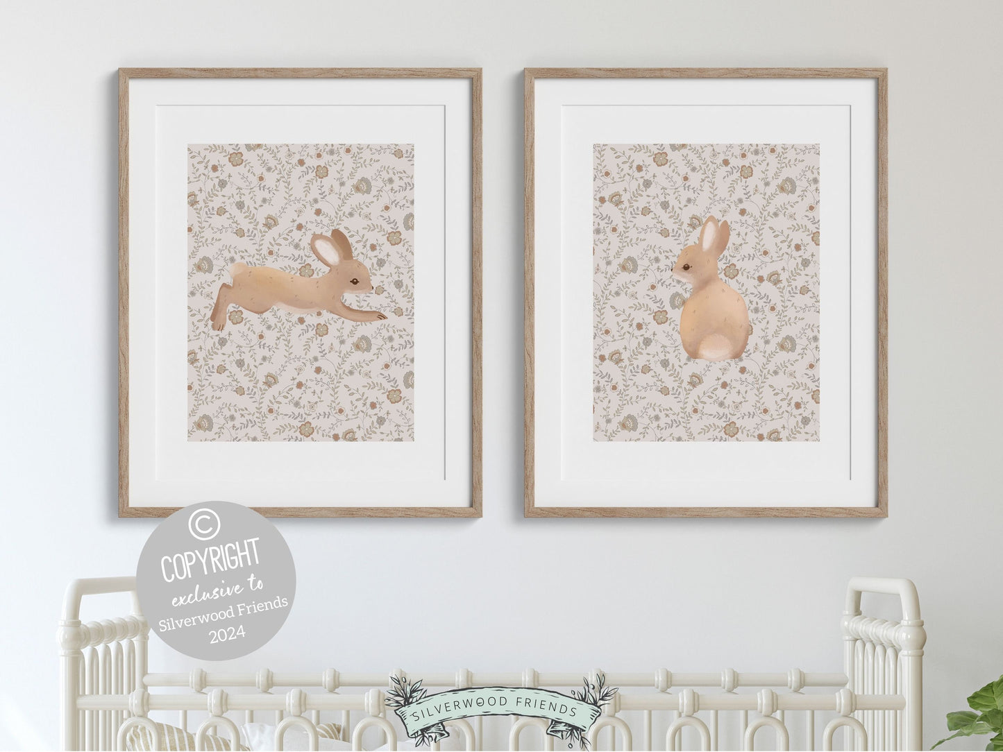 Our gorgeous Bunny Nursery Print Set of 2, showcasing adorable bunny rabbits on a neutral floral pattern is perfect for your woodland nursery or wildflower nursery decor and makes a unique gender neutral baby shower gift for both boys and girls.