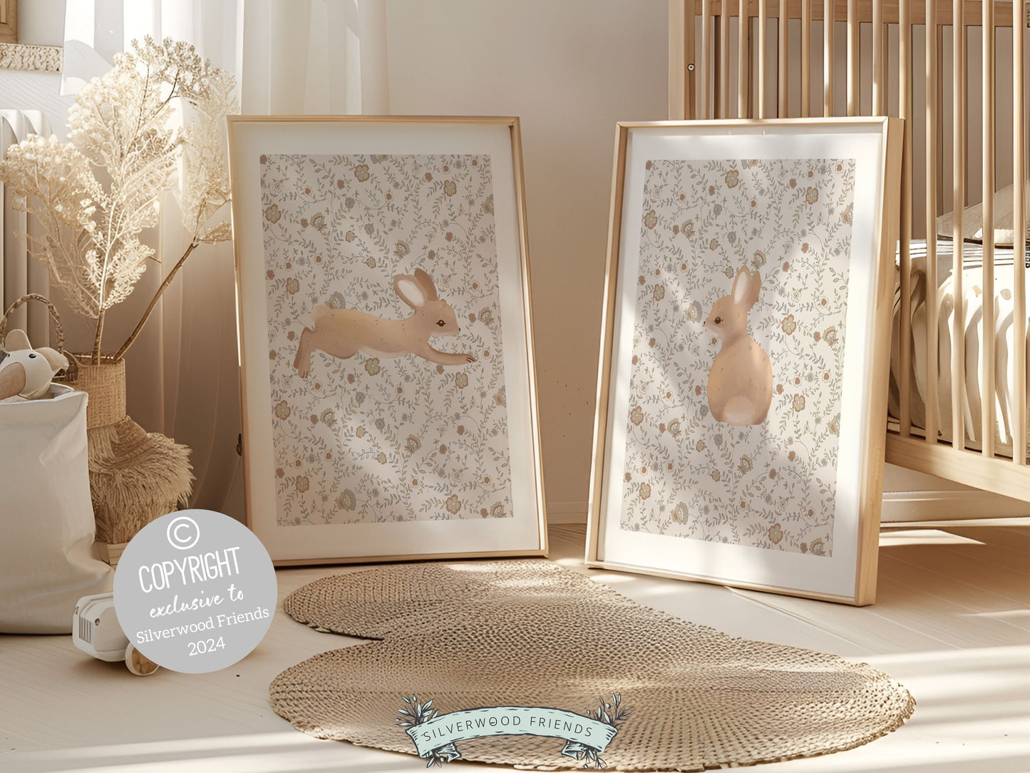 Bunny Nursery Print Set, Woodland Wildflower Bunny Nursery Decor, Floral Bunny Nursery Wall Art Printable Bunnies Wall Decor Digital Print
