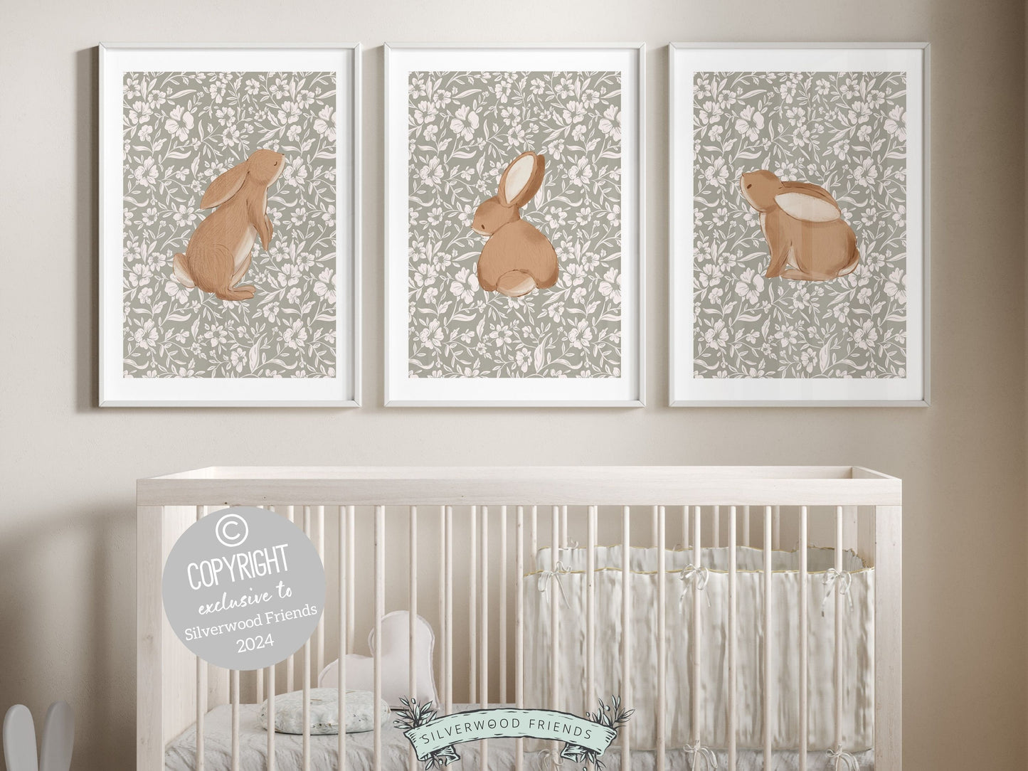 Our gorgeous Bunny Nursery Print Set of 3, showcasing adorable bunny rabbits on a neutral floral pattern is perfect for your woodland nursery or wildflower nursery decor and makes a unique baby shower gift.