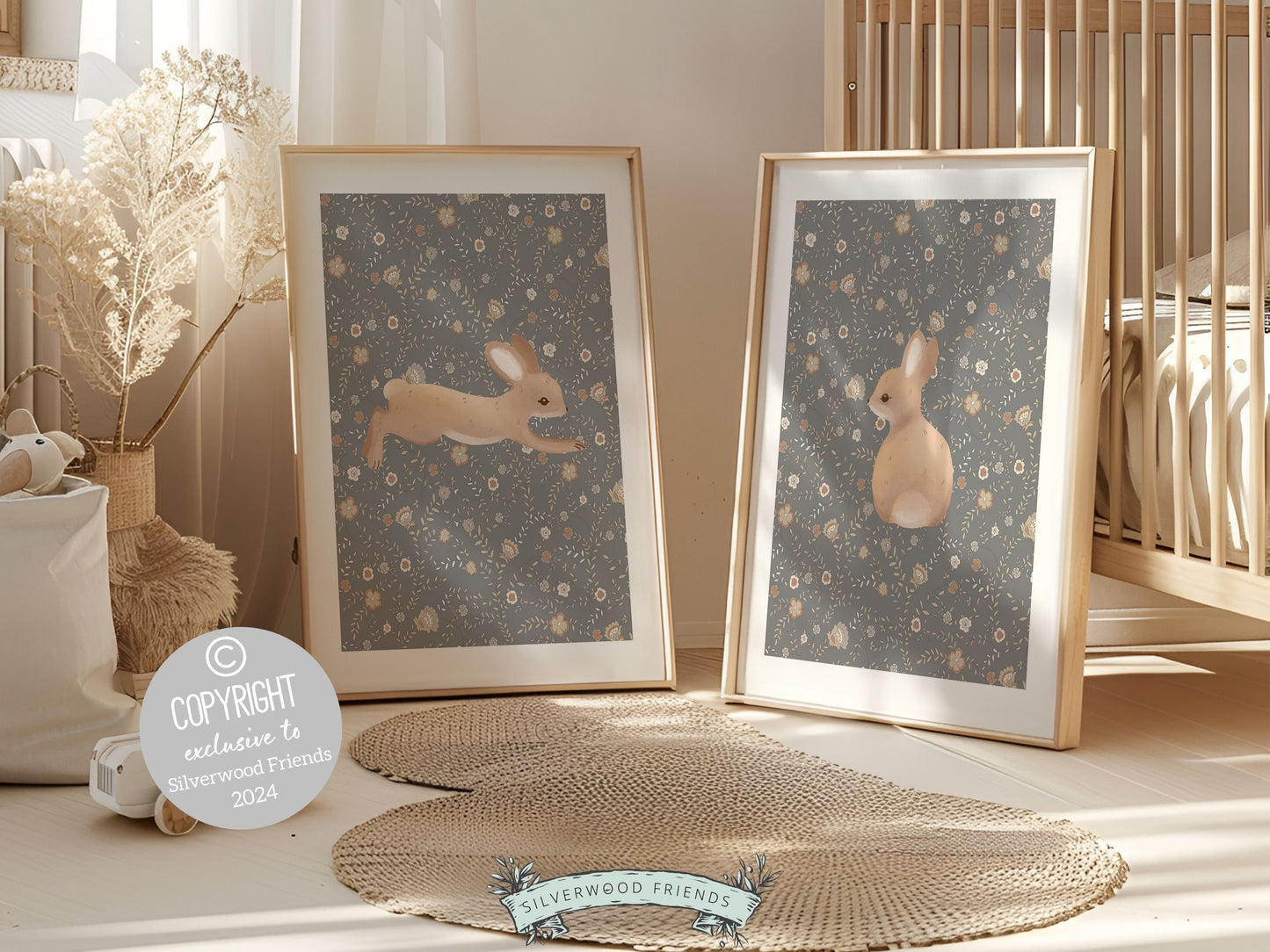 Bunny Nursery Print Set, Woodland Wildflower Bunny Nursery Decor, Floral Bunny Nursery Wall Art Printable Bunnies Wall Decor Digital Print