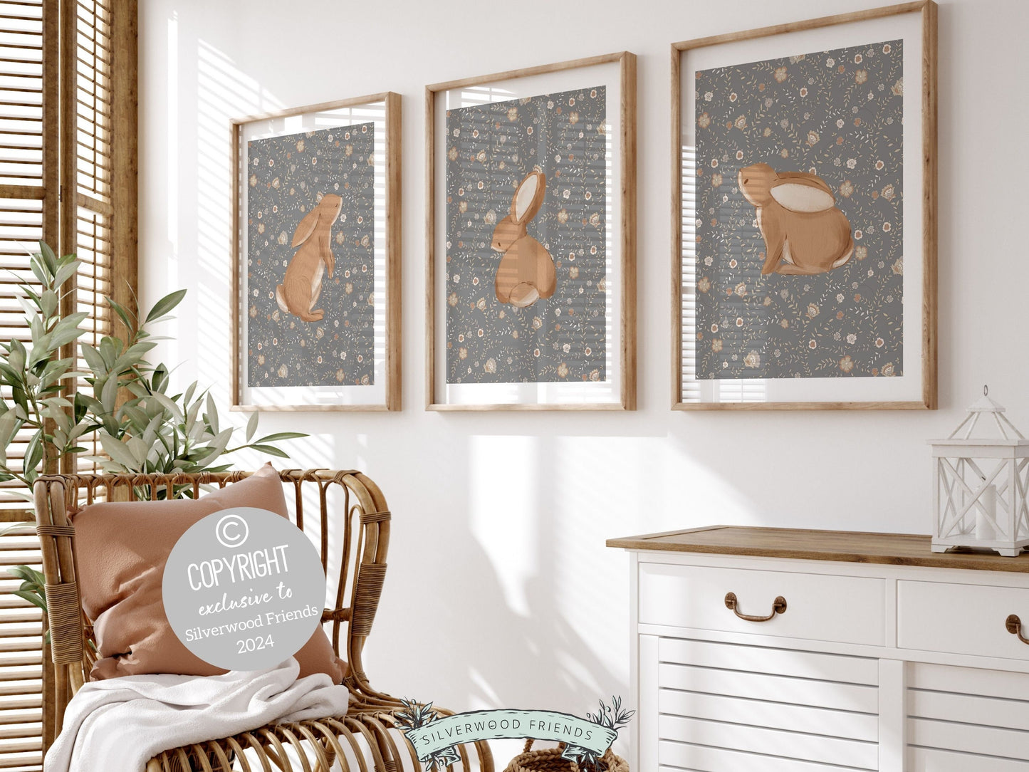 Bunny Nursery Print Set, Woodland Wildflower Bunny Nursery Decor, Floral Bunny Nursery Wall Art Printable Bunnies Wall Decor Digital Print