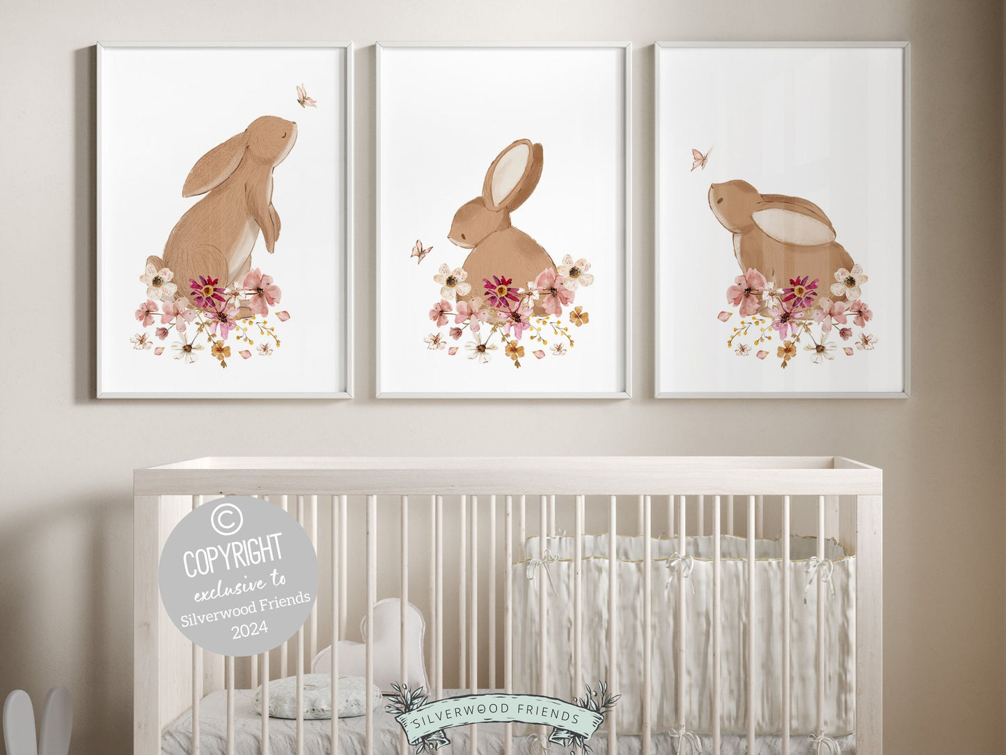 Our gorgeous Bunny Nursery Prints with watercolor bunny rabbits, wildflower's and butterflies, are perfect for your little girls wildflower nursery decor and also makes a unique baby shower gift.