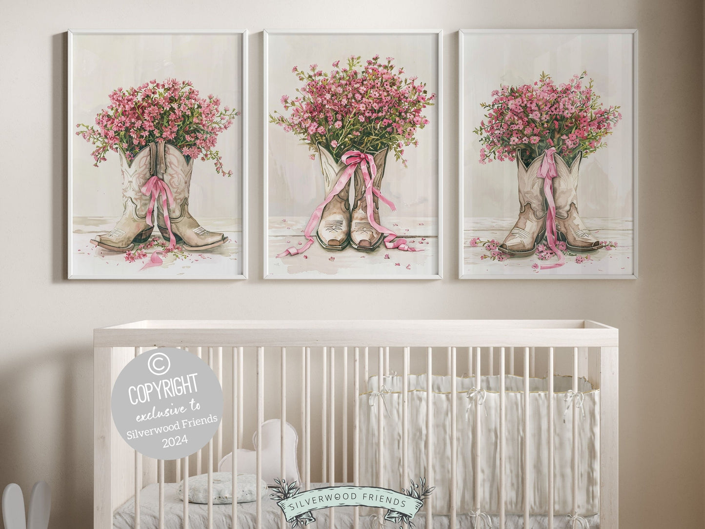 Cowgirl Boots Print Set of 3 featuring cowgirl boots adorned with delicate pink wildflowers. Perfect for your little ones room, a heartfelt baby shower gift, or to add a touch of rustic elegance to any room in your house.