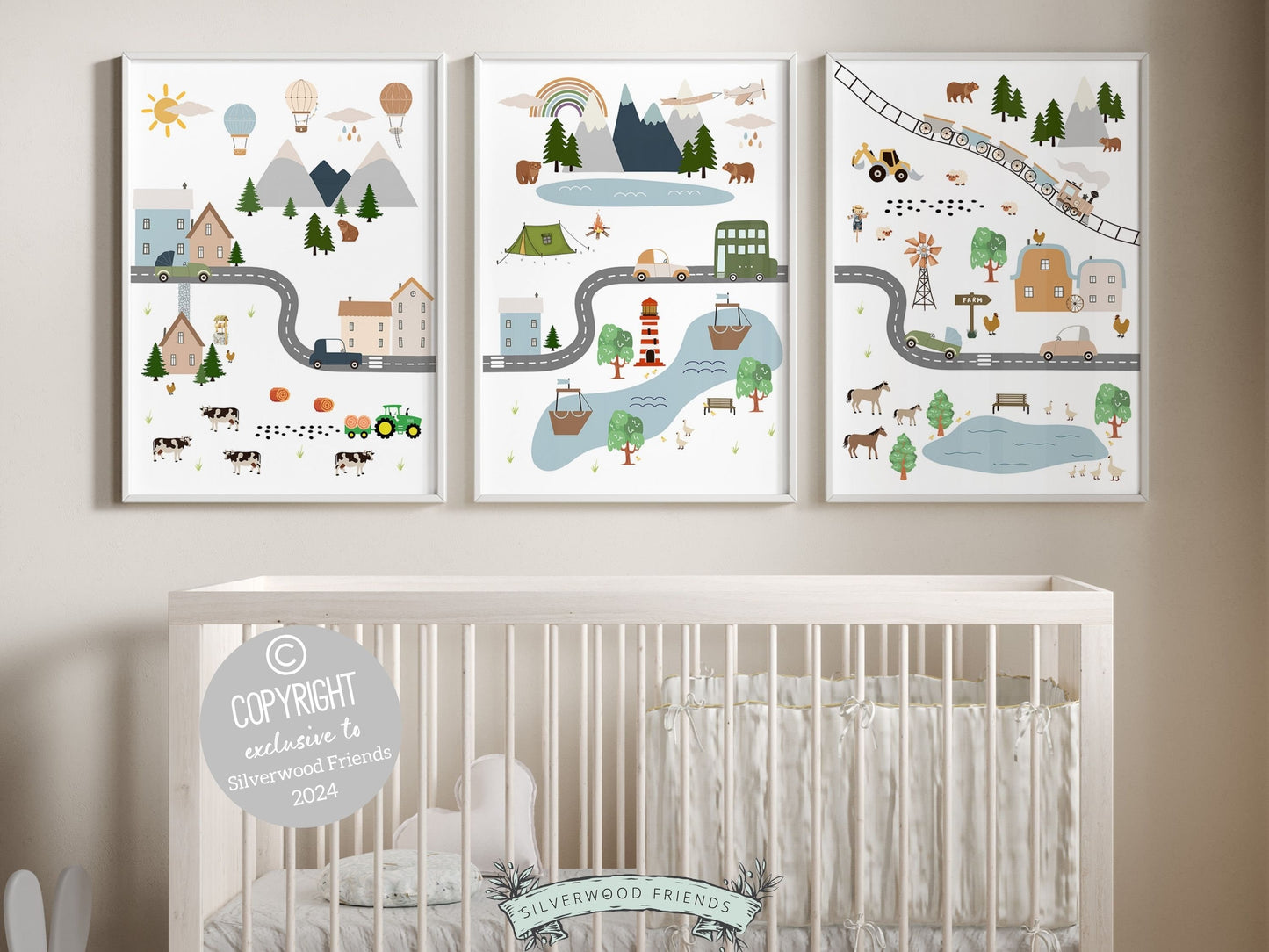 Set of 3 Car Nursery Prints, featuring adorable farm animals, wild bears, tractors, and cars. Perfect for a transport themed haven or embracing rustic farmland charm, these prints promise an enchanting adventure for your little ones space.