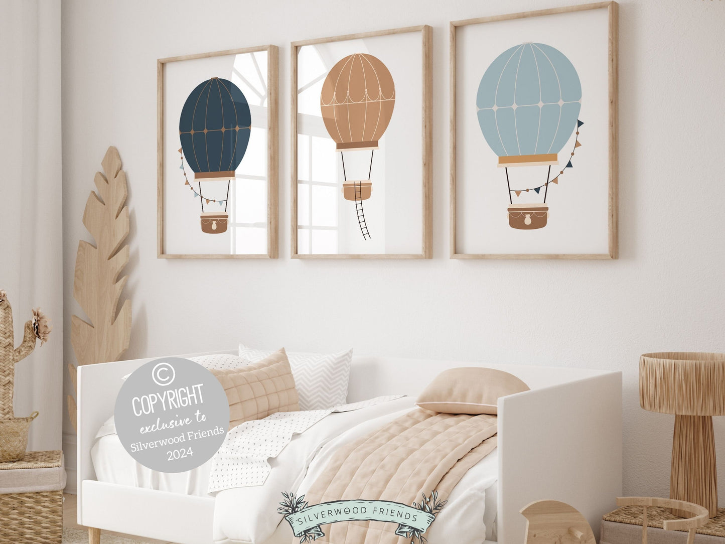 Hot Air Balloon Nursery Prints, featuring charming hot air balloons in soothing blue and beige tones. Perfect for transport themed or adventure inspired decor, these prints also make a unique baby shower gift.