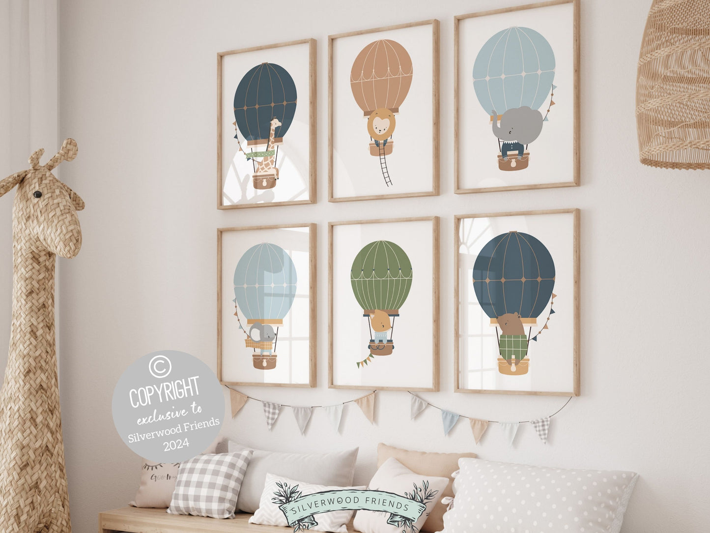 Hot Air Balloon Nursery Prints featuring safari and woodland animals in hot air balloons in a calming blue, green and beige color palette. Perfect for your safari nursery decor or woodland nursery decor and also makes a unique baby shower gift.