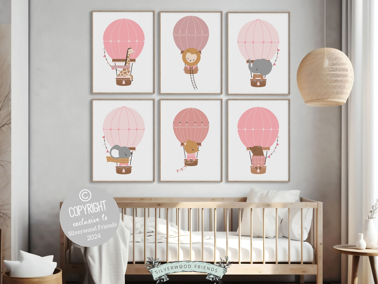 Blush Pink Hot Air Balloon Nursery Prints, Baby Girl Blush Pink Balloon Nursery Decor, Girls Woodland Safari Theme Room Decor Digital Prints