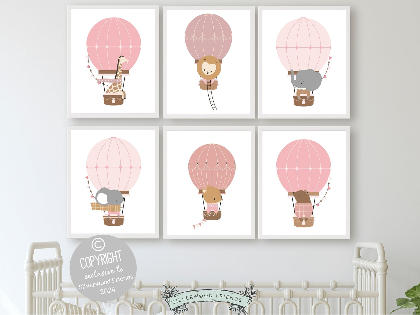 Blush Pink Hot Air Balloon Nursery Prints, Baby Girl Blush Pink Balloon Nursery Decor, Girls Woodland Safari Theme Room Decor Digital Prints