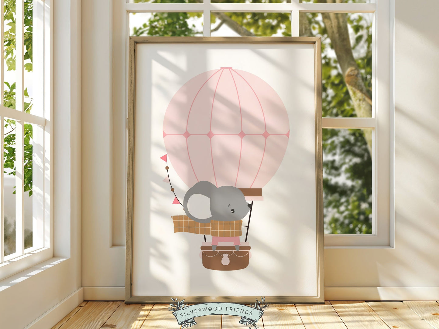 Blush Pink Hot Air Balloon Nursery Prints, Baby Girl Blush Pink Balloon Nursery Decor, Girls Woodland Animal Theme Room Decor Digital Prints