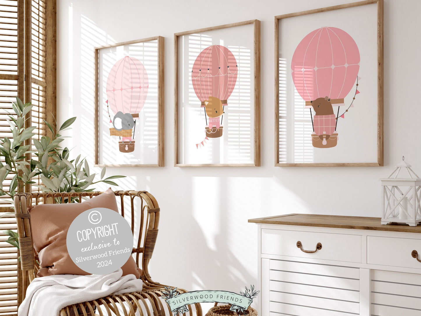 Blush Pink Hot Air Balloon Nursery Prints, Baby Girl Blush Pink Balloon Nursery Decor, Girls Woodland Animal Theme Room Decor Digital Prints