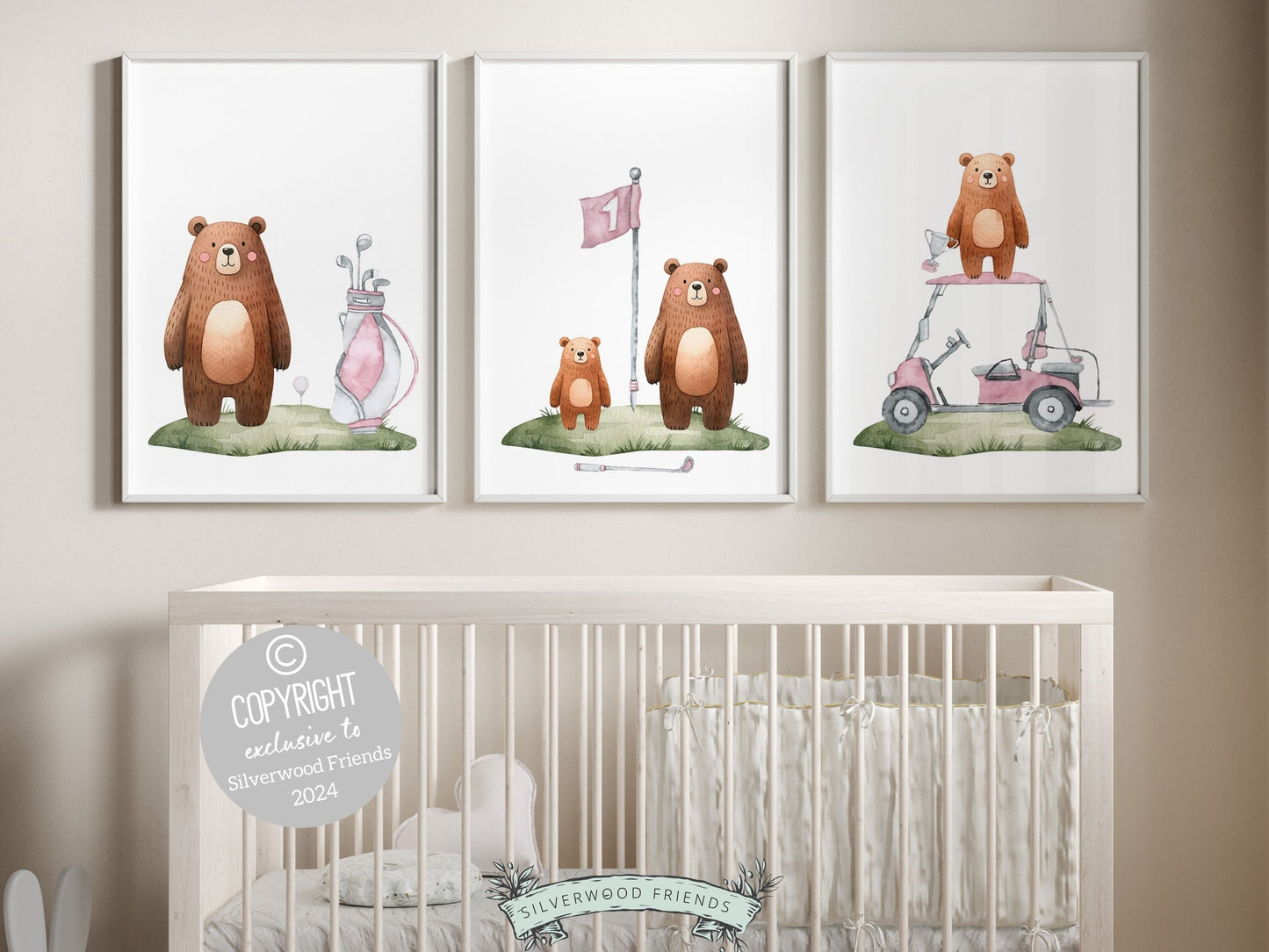 Set of 3 Golf Nursery Prints, featuring a woodland bear family with pink golf items, perfect for a sports themed or woodland nursery decor. This unique set adds a playful touch to any room and makes an ideal baby shower gift for a little golfer.
