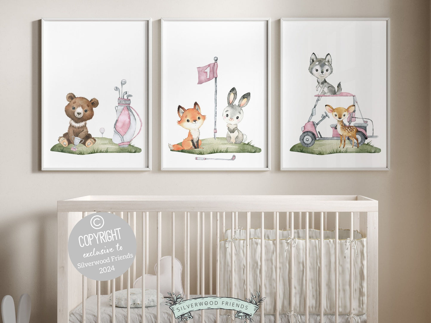 Set of 3 Golf Nursery Prints, featuring woodland animals golfing, perfect for a sports themed or woodland nursery decor. This unique set adds a playful touch to any room and makes an ideal baby shower gift for a little golfer.