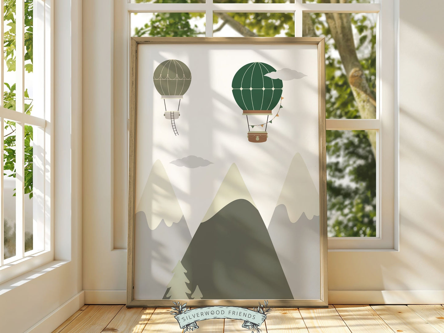 Green Hot Air Balloon Nursery Prints, Green Mountain Adventure Nursery Decor, Toddler Boys Transport Adventure Room Wall Decor Digital Print