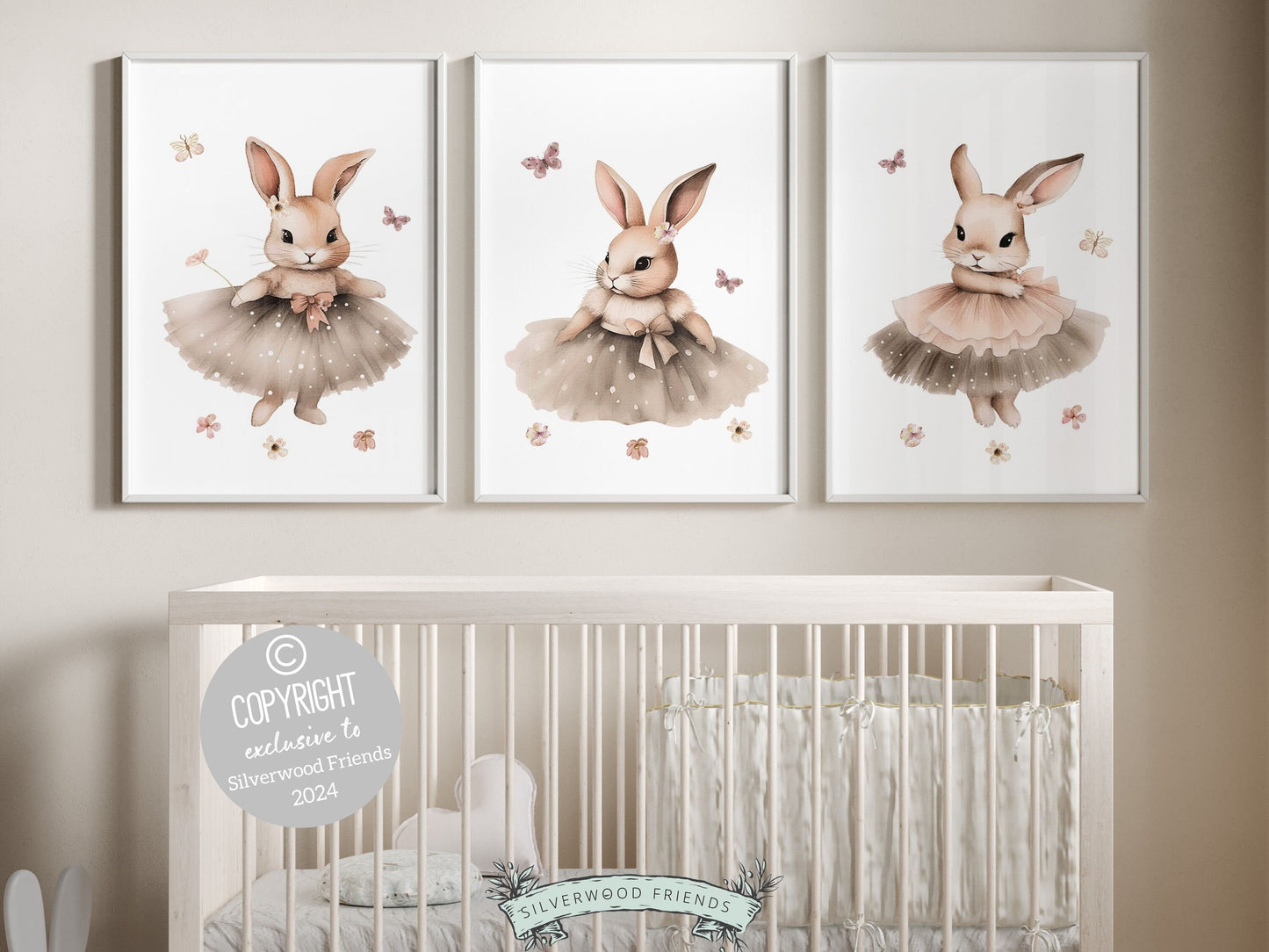 Our gorgeous Bunny Ballet Nursery Prints with watercolor bunny rabbits, wildflowers and butterflies, are perfect for your little girls nursery decor and also makes a unique baby shower gift.