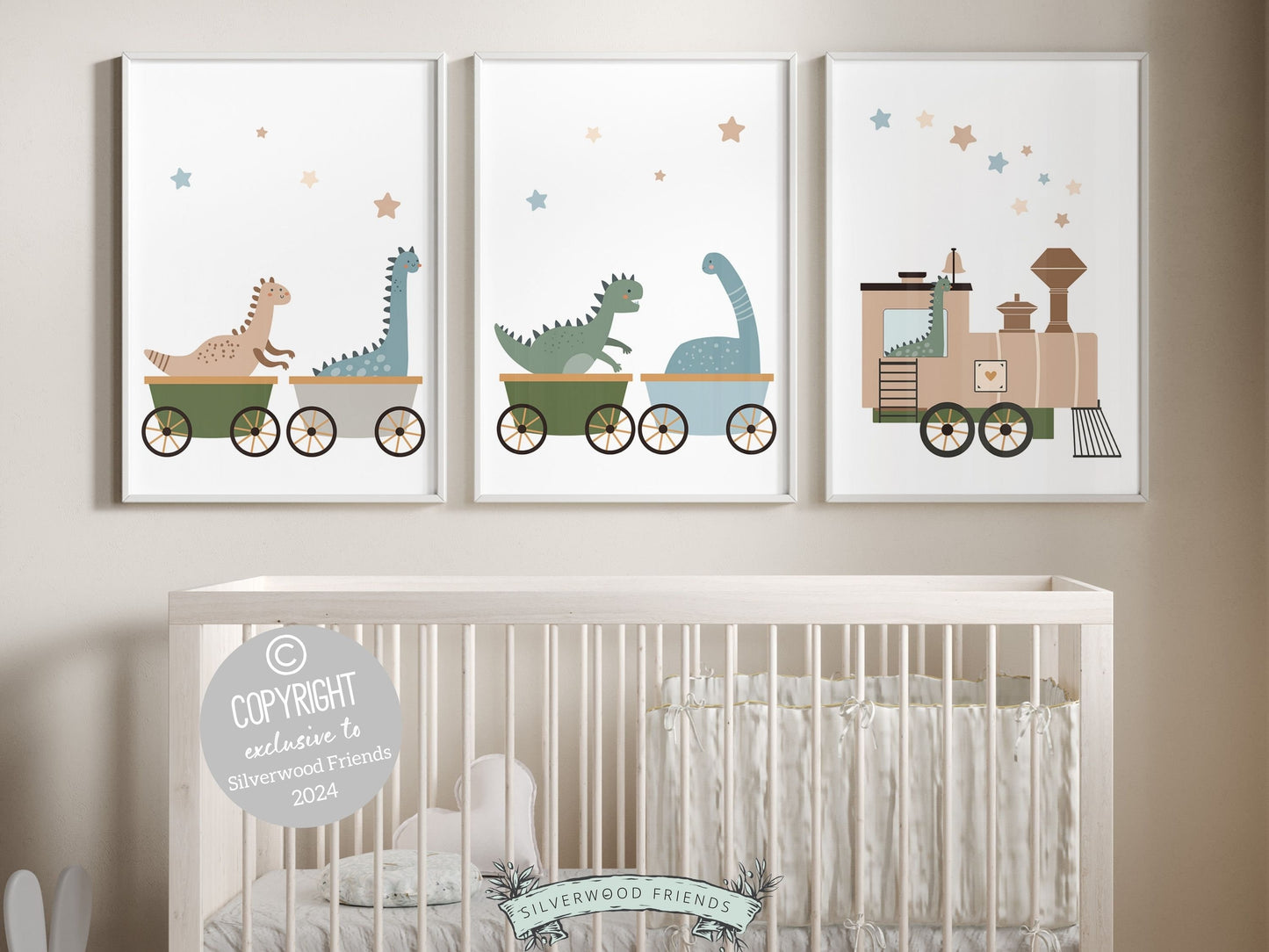 Set of 3 Dinosaur Train Nursery Prints features dinosaurs riding a train - the perfect addition to any dinosaur lovers nursery decor! Perfect for your dinosaur theme nursery or transport theme nursery and makes a unique dinosaur baby shower gift.