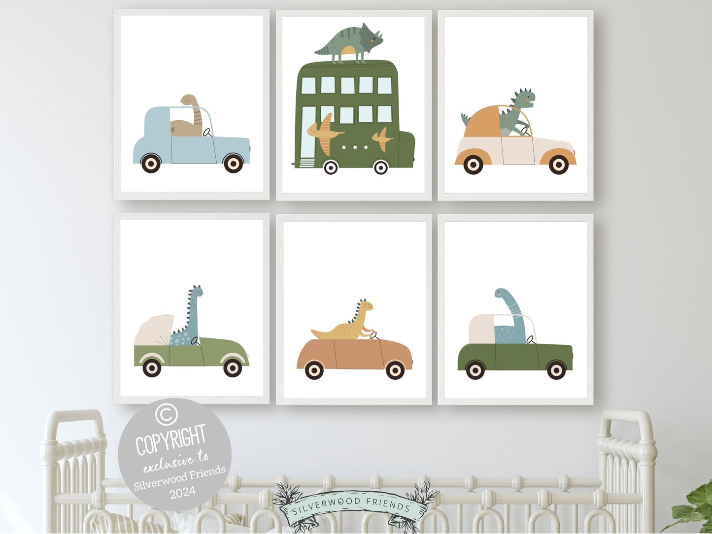 Dinosaur Nursery Print, Toddler Boys Transport Nursery Room Decor, Dinosaur Playroom Print Set, Baby Boy Dino Car Nursery Art Digital Print