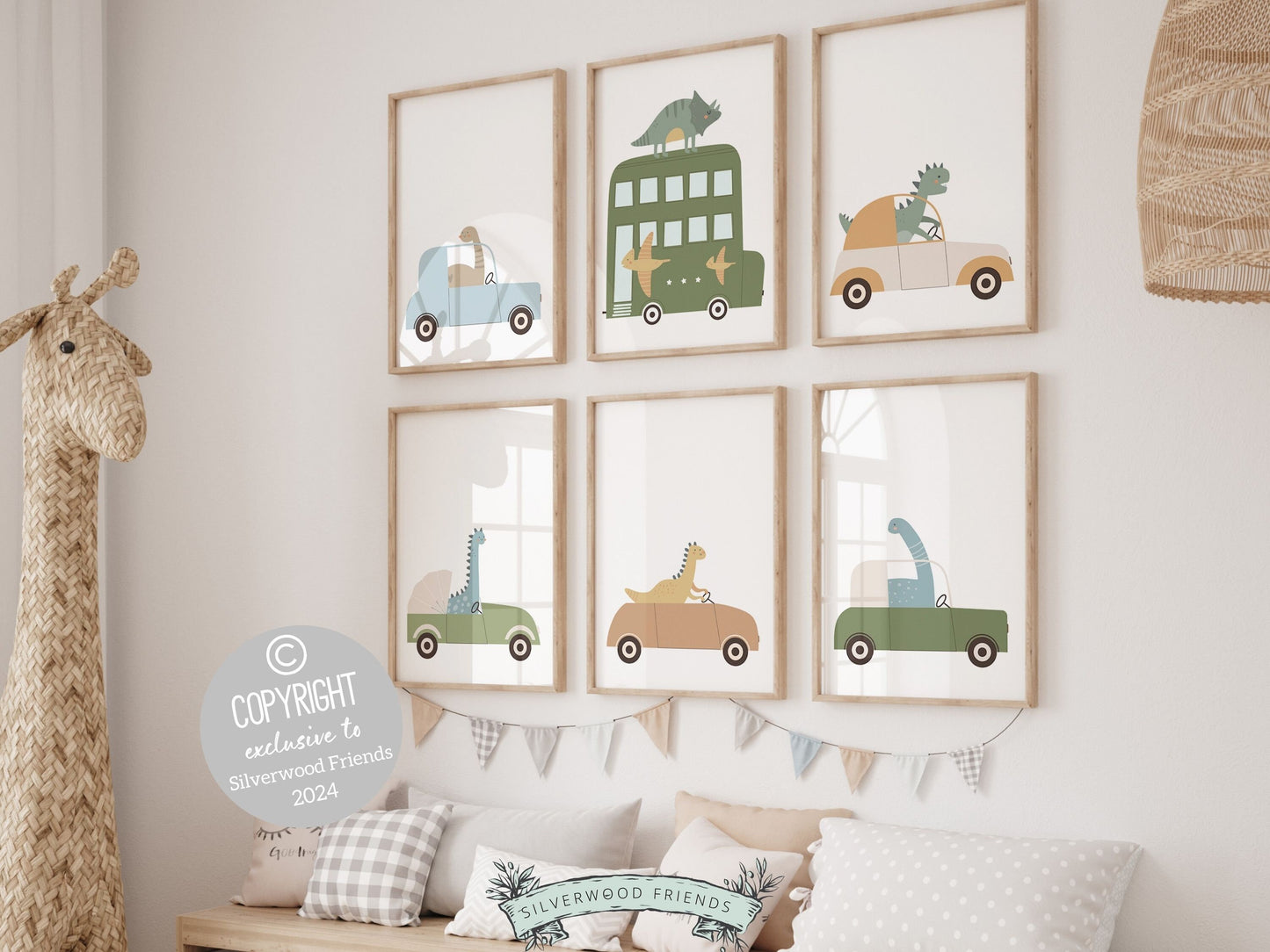 Dinosaur Nursery Print, Toddler Boys Transport Nursery Room Decor, Dinosaur Playroom Print Set, Baby Boy Dino Car Nursery Art Digital Print