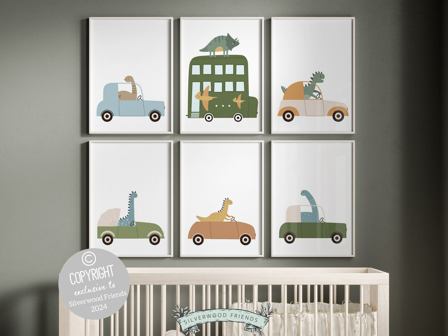 Set of 6 Dinosaur Car Nursery Prints features dinosaurs on wheels - the perfect addition to any dinosaur lovers nursery decor! Perfect for your dinosaur theme nursery or transport theme nursery and makes a unique dinosaur baby shower gift.